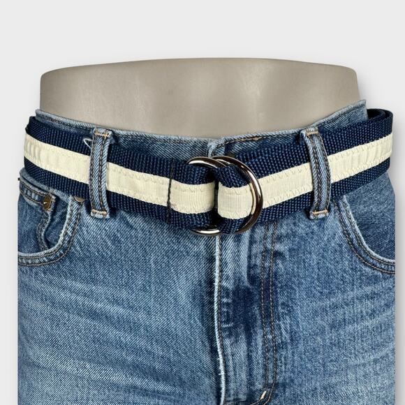 American VTG Y2K Blue and White Fabric Striped Belt with Metal Buckle - Picture 1 of 9